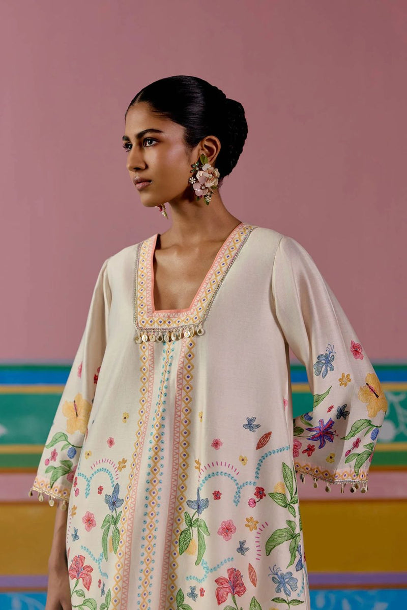Ecru Floral Square Neck Kurta Set chanderi Buy Ecru Floral Square Neck Kurta Set from C&W | Light Kurta Sets for Women by Label Mogra in ecru color for women in Singapore