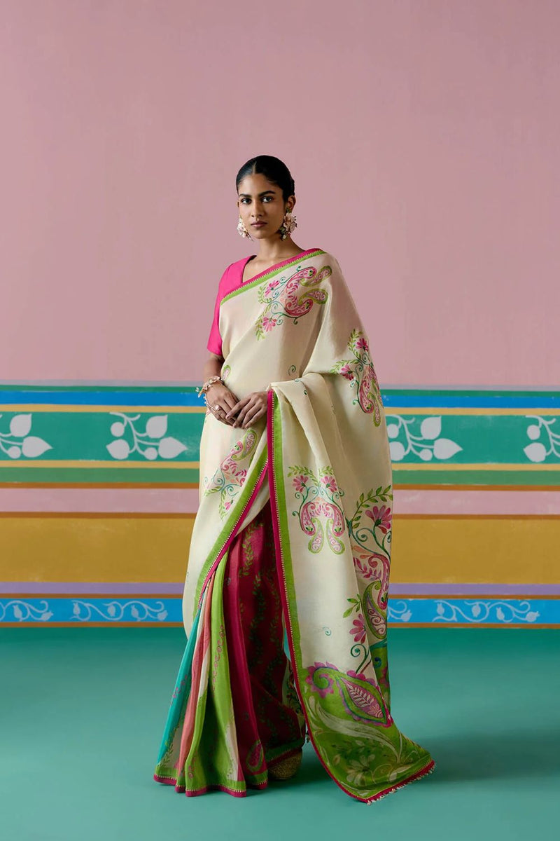 Ecru & Green Paisley Saree Buy Ecru & Green Paisley Saree from C&W | Saree for Women by Label Mogra in green color for women in Singapore