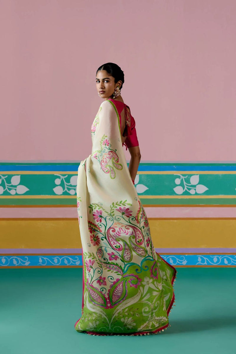 Ecru & Green Paisley Saree Buy Ecru & Green Paisley Saree from C&W | Saree for Women by Label Mogra in green color for women in Singapore