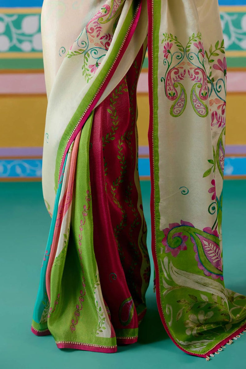 Ecru & Green Paisley Saree Buy Ecru & Green Paisley Saree from C&W | Saree for Women by Label Mogra in green color for women in Singapore