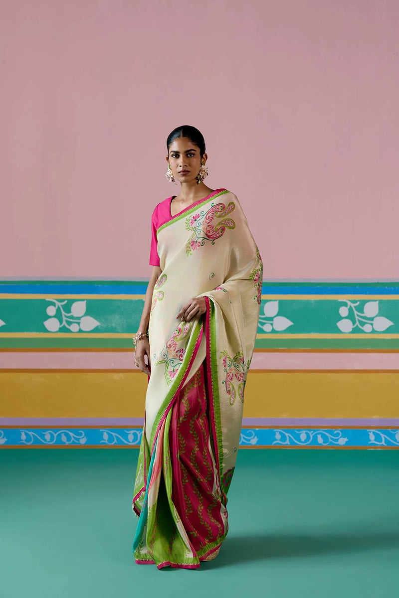 Ecru & Green Paisley Saree Buy Ecru & Green Paisley Saree from C&W | Saree for Women by Label Mogra in green color for women in Singapore