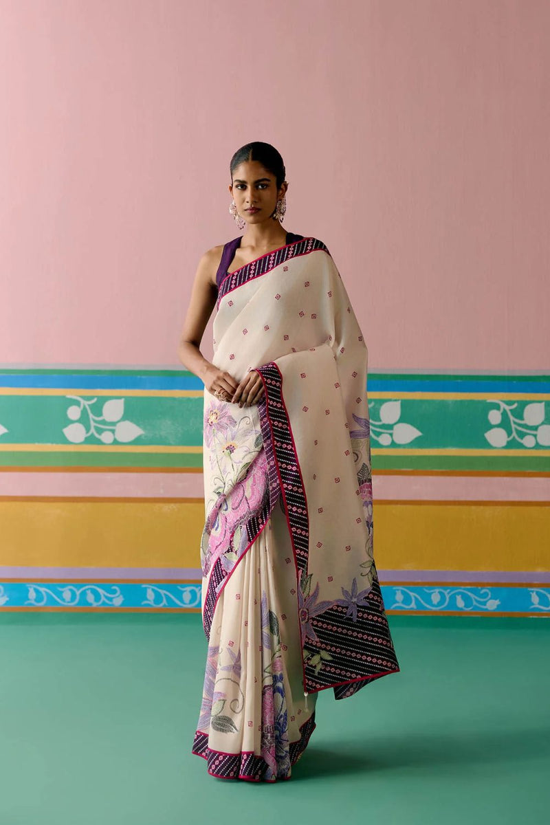 Ecru & Purple Ikkat Saree Buy Ecru & Purple Ikkat Saree from C&W | Saree for Women by Label Mogra in purple color for women in Singapore