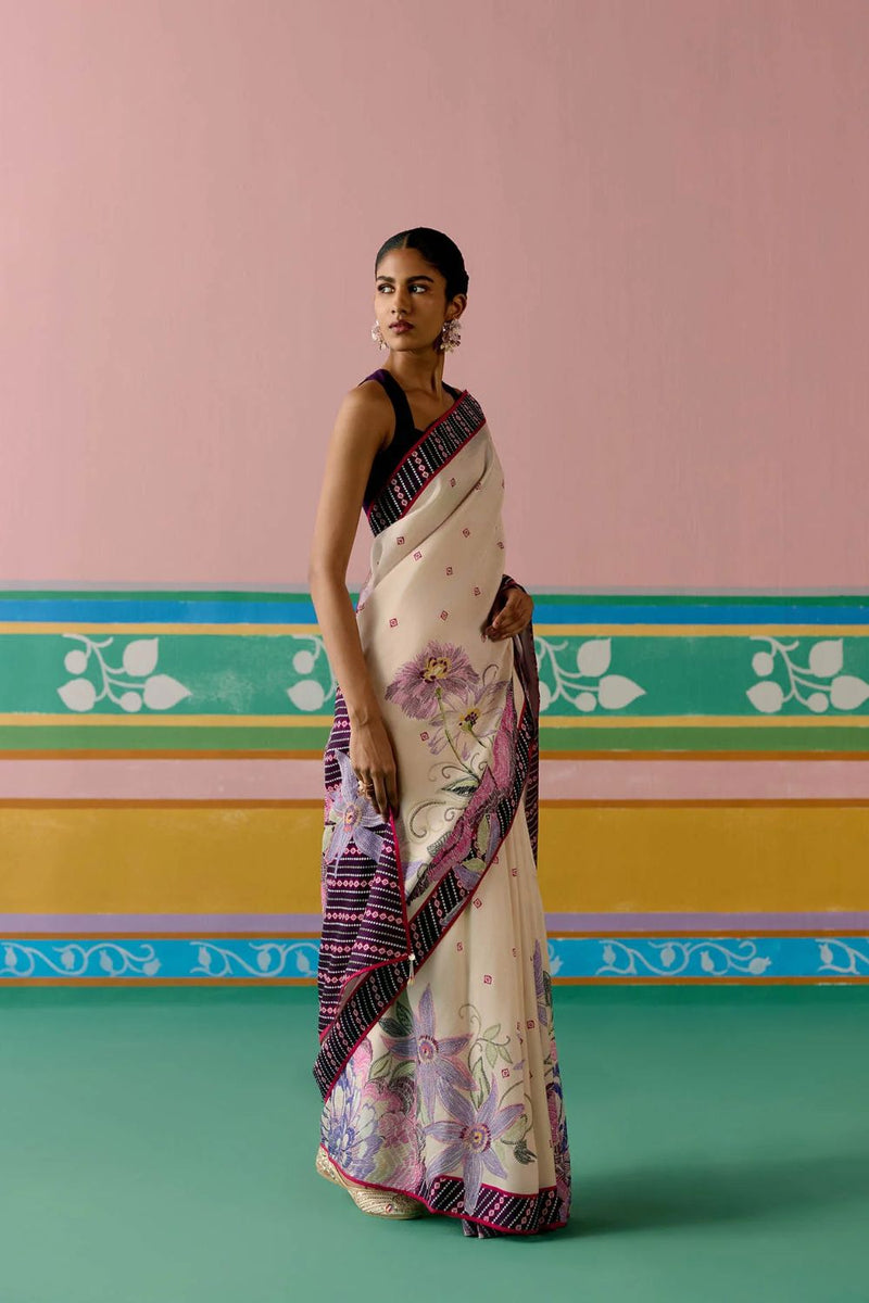 Ecru & Purple Ikkat Saree Buy Ecru & Purple Ikkat Saree from C&W | Saree for Women by Label Mogra in purple color for women in Singapore