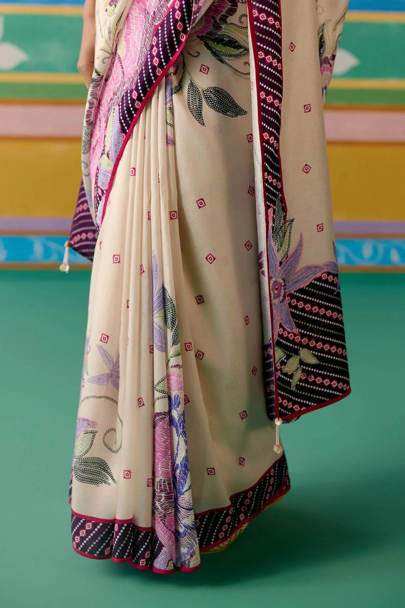 Ecru & Purple Ikkat Saree Buy Ecru & Purple Ikkat Saree from C&W | Saree for Women by Label Mogra in purple color for women in Singapore