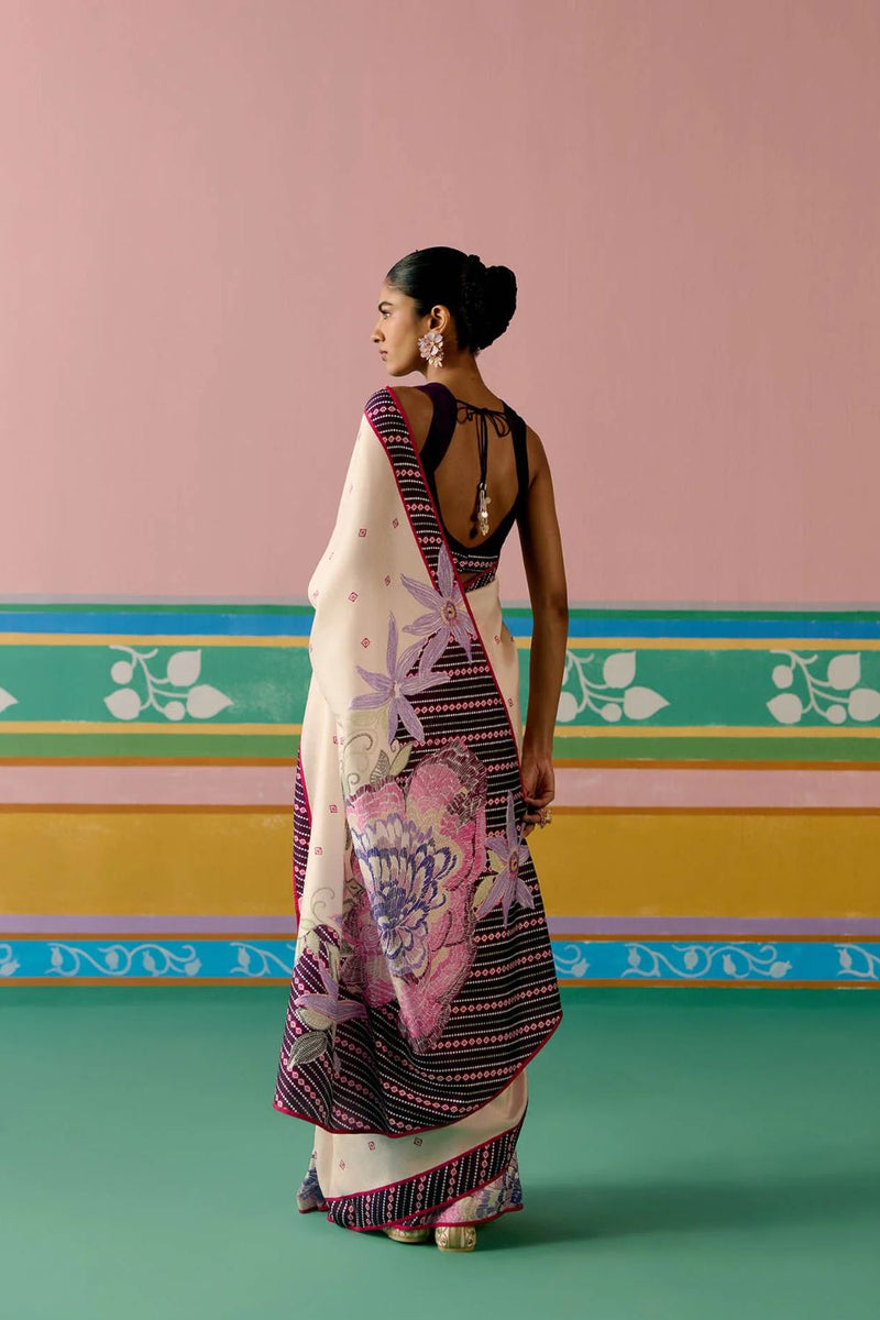Ecru & Purple Ikkat Saree Buy Ecru & Purple Ikkat Saree from C&W | Saree for Women by Label Mogra in purple color for women in Singapore