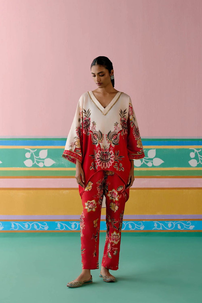 Ecru & Red Floral Kaftan Set (Short) chanderi Buy Ecru & Red Floral Kaftan Set (Short) from C&W | Co-Ord Sets for Women by Label Mogra in red color for women in Singapore