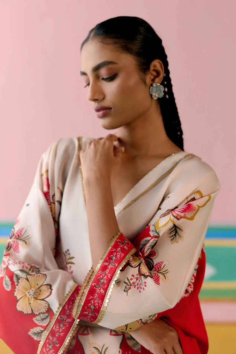 Ecru & Red Floral Kaftan Set (Short) chanderi Buy Ecru & Red Floral Kaftan Set (Short) from C&W | Co-Ord Sets for Women by Label Mogra in red color for women in Singapore