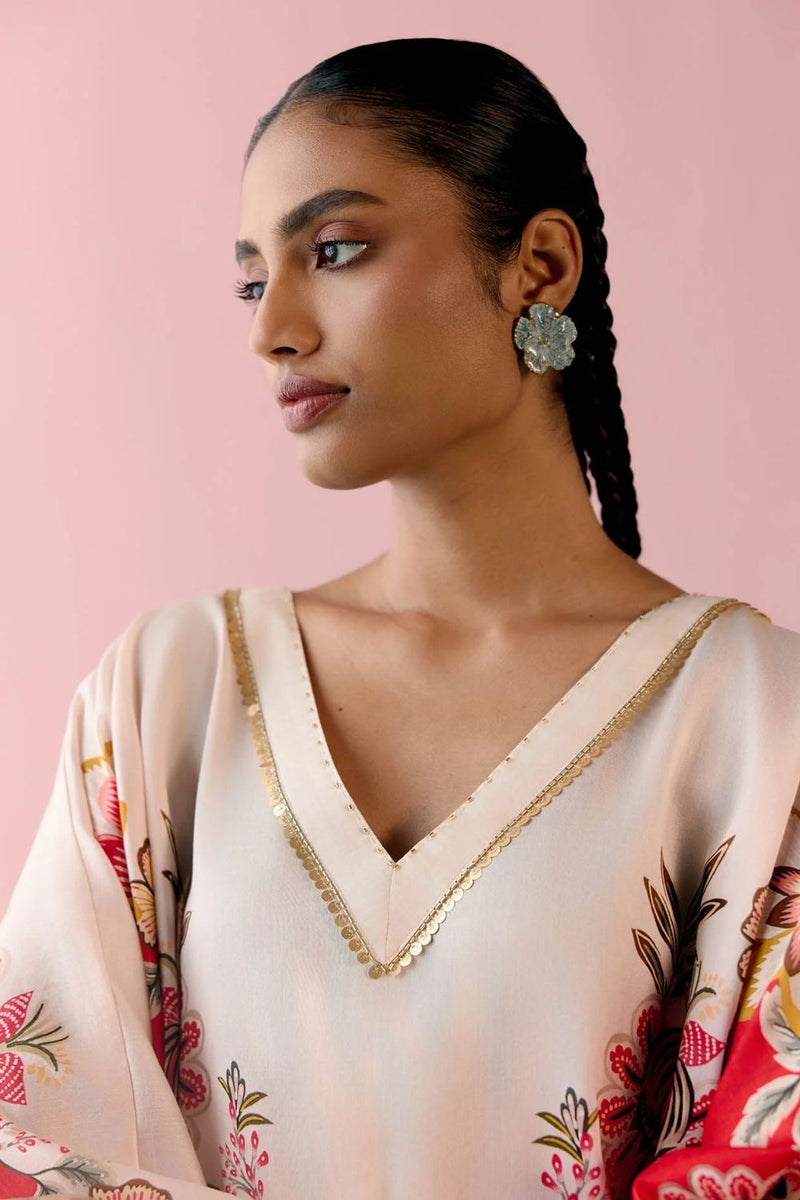 Ecru & Red Floral Kaftan Set (Short) chanderi Buy Ecru & Red Floral Kaftan Set (Short) from C&W | Co-Ord Sets for Women by Label Mogra in red color for women in Singapore