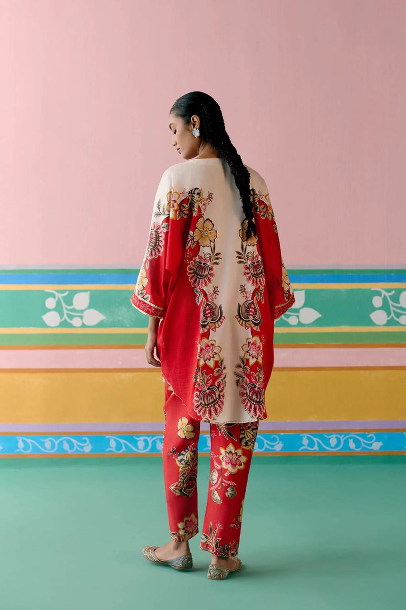Ecru & Red Floral Kaftan Set (Short) chanderi Buy Ecru & Red Floral Kaftan Set (Short) from C&W | Co-Ord Sets for Women by Label Mogra in red color for women in Singapore
