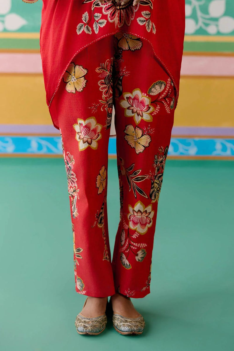 Ecru & Red Floral Kaftan Set (Short) chanderi Buy Ecru & Red Floral Kaftan Set (Short) from C&W | Co-Ord Sets for Women by Label Mogra in red color for women in Singapore
