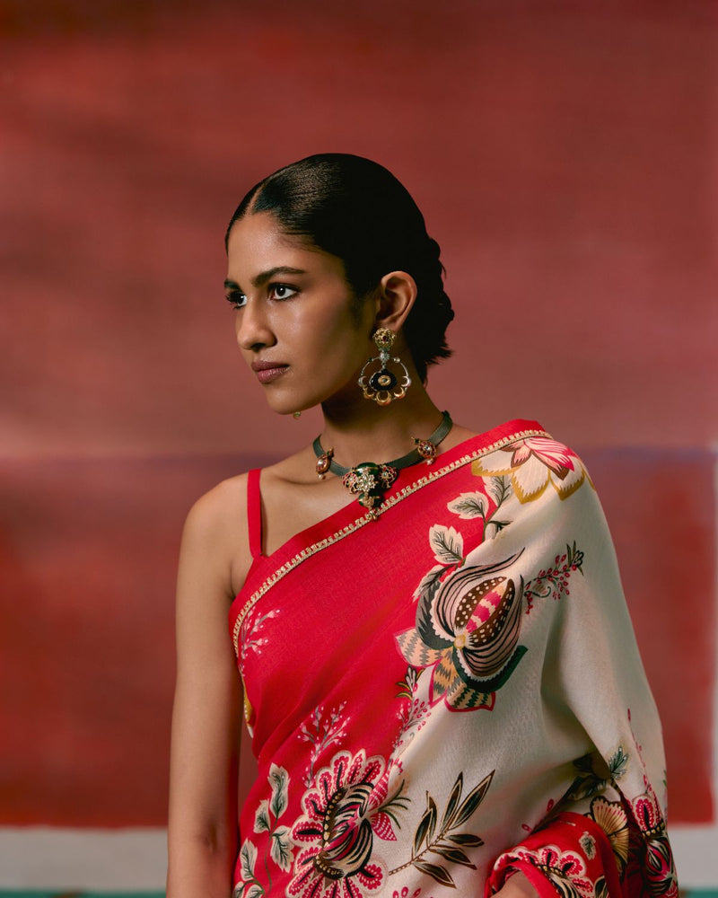 Ecru & Red Floral Saree chanderi Buy Ecru & Red Floral Saree from C&W | Saree for Women by Label Mogra in red color for women in Singapore