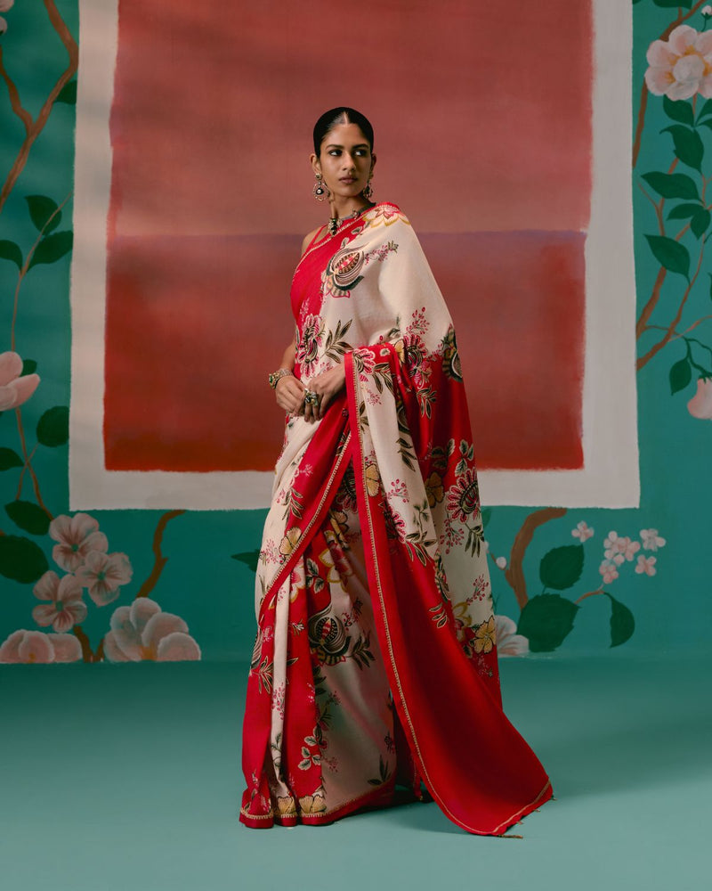 Ecru & Red Floral Saree chanderi Buy Ecru & Red Floral Saree from C&W | Saree for Women by Label Mogra in red color for women in Singapore