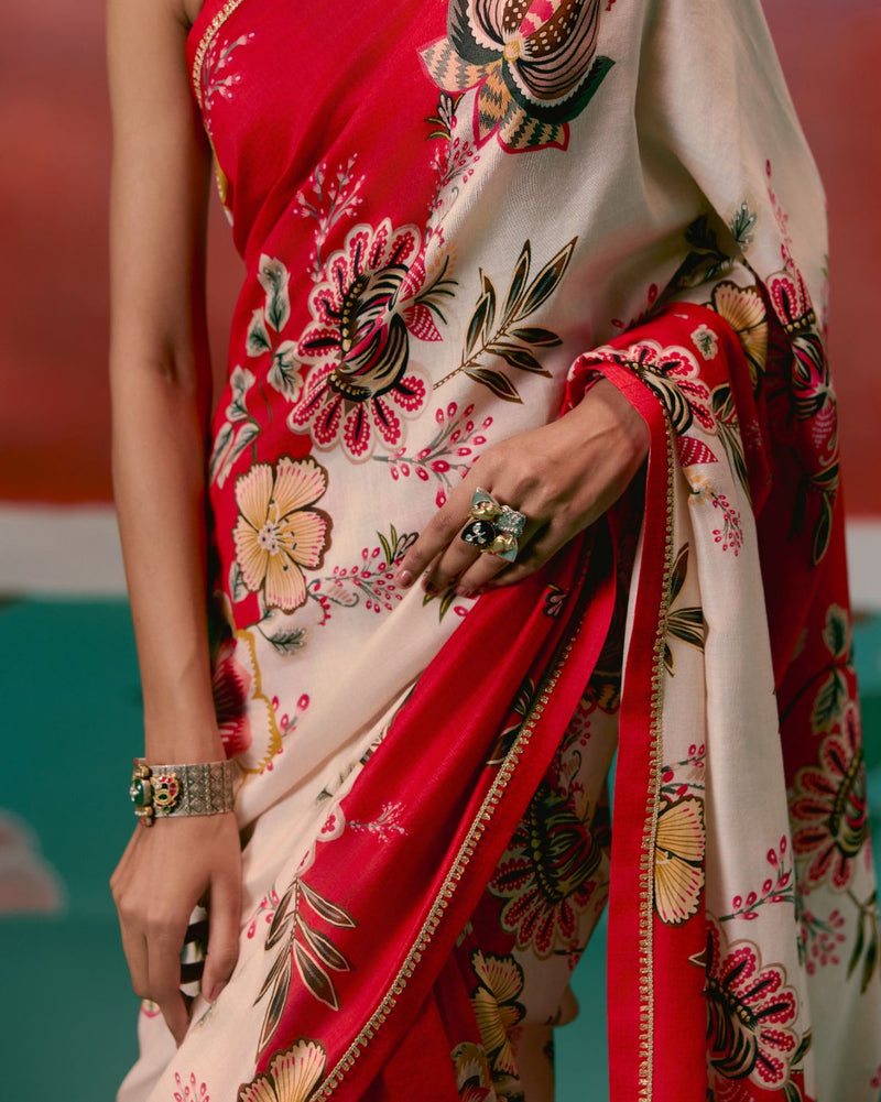 Ecru & Red Floral Saree chanderi Buy Ecru & Red Floral Saree from C&W | Saree for Women by Label Mogra in red color for women in Singapore