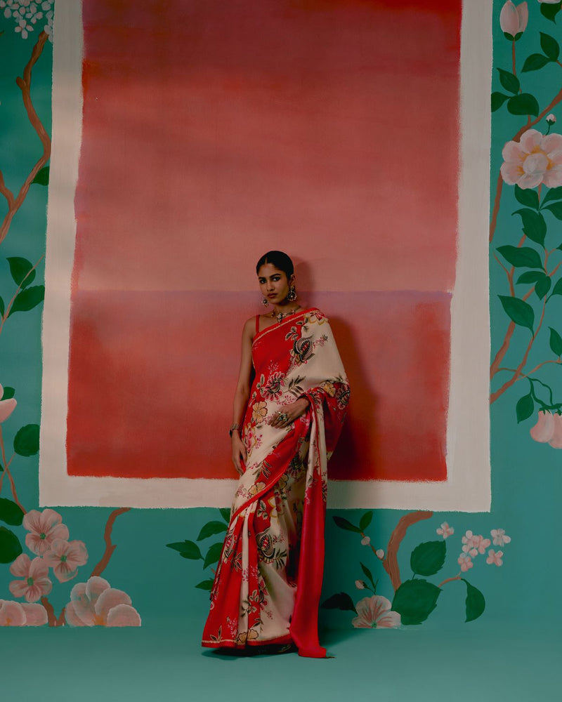 Ecru & Red Floral Saree chanderi Buy Ecru & Red Floral Saree from C&W | Saree for Women by Label Mogra in red color for women in Singapore