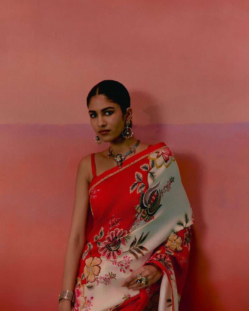Ecru & Red Floral Saree chanderi Buy Ecru & Red Floral Saree from C&W | Saree for Women by Label Mogra in red color for women in Singapore
