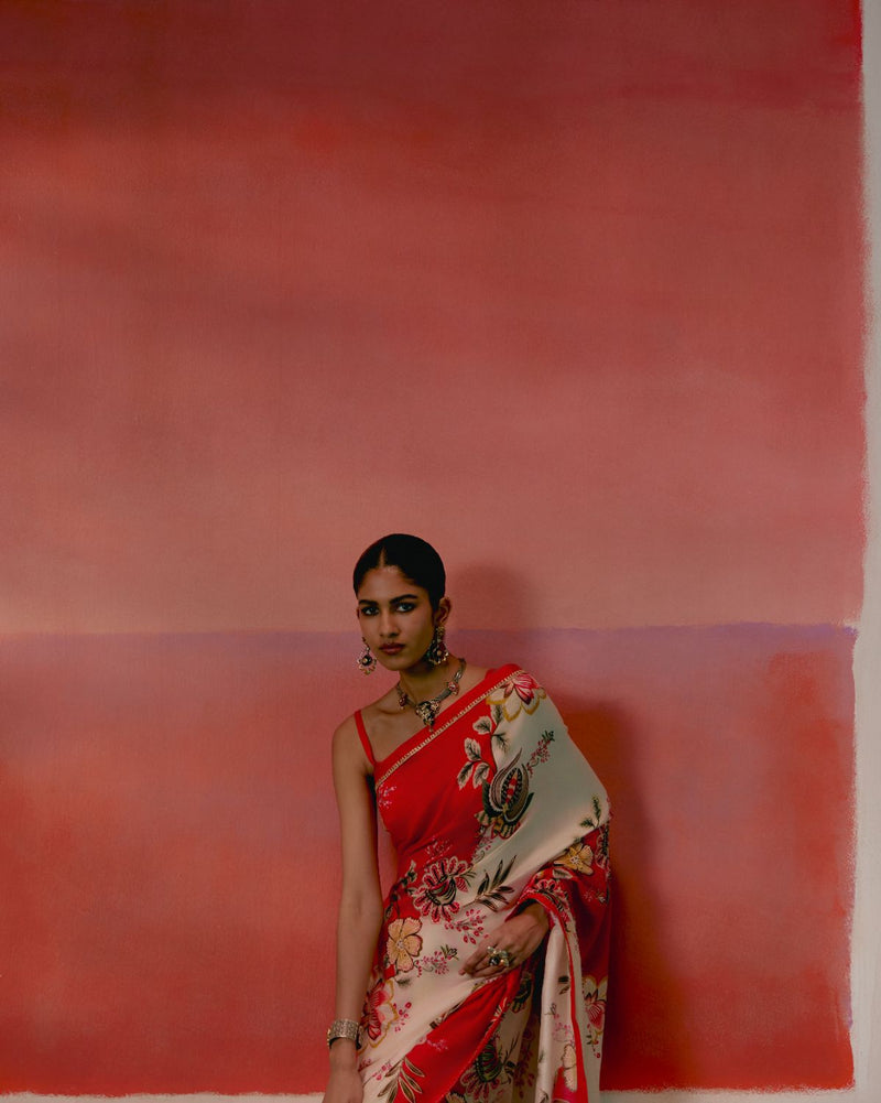 Ecru & Red Floral Saree chanderi Buy Ecru & Red Floral Saree from C&W | Saree for Women by Label Mogra in red color for women in Singapore