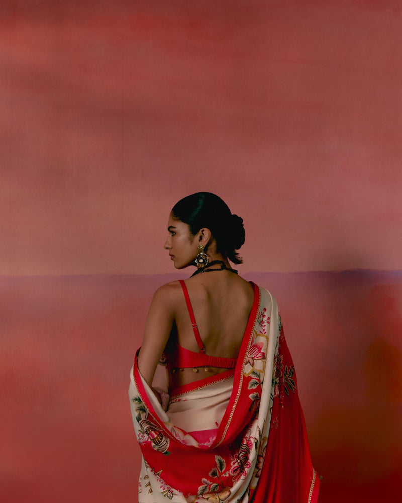 Ecru & Red Floral Saree chanderi Buy Ecru & Red Floral Saree from C&W | Saree for Women by Label Mogra in red color for women in Singapore