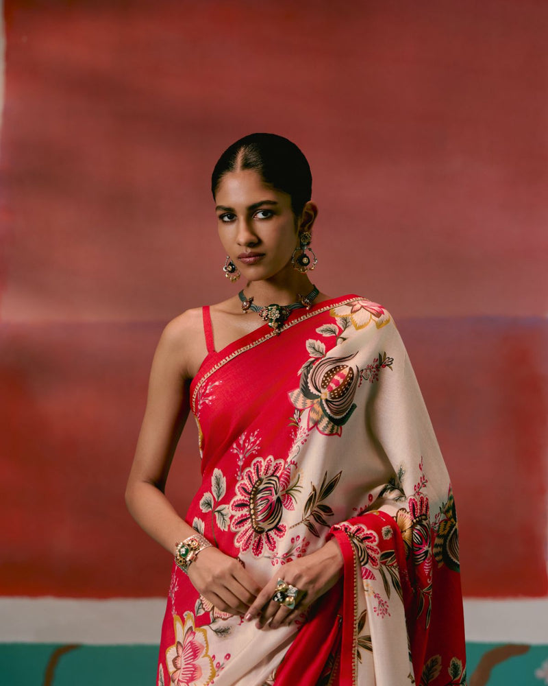 Ecru & Red Floral Saree chanderi Buy Ecru & Red Floral Saree from C&W | Saree for Women by Label Mogra in red color for women in Singapore