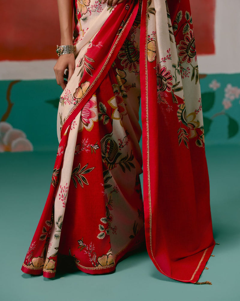 Ecru & Red Floral Saree chanderi Buy Ecru & Red Floral Saree from C&W | Saree for Women by Label Mogra in red color for women in Singapore