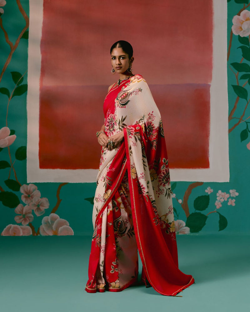 Ecru & Red Floral Saree chanderi Buy Ecru & Red Floral Saree from C&W | Saree for Women by Label Mogra in red color for women in Singapore
