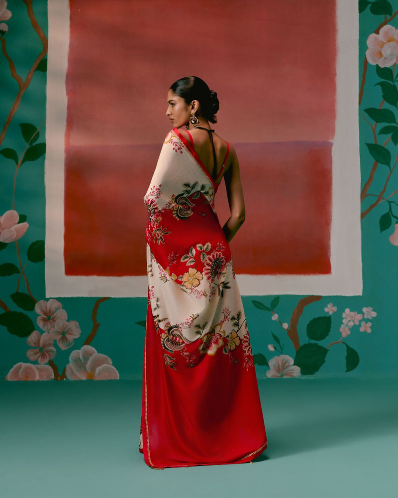 Ecru & Red Floral Saree chanderi Buy Ecru & Red Floral Saree from C&W | Saree for Women by Label Mogra in red color for women in Singapore