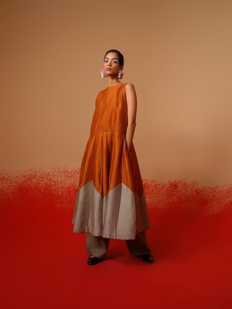 Eddy Dress-Rust Orange + Grey mysore silk dresses by Stoique in rust orange, grey for women in Singapore