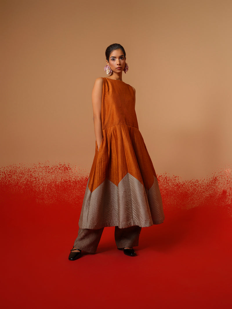 Eddy Dress-Rust Orange + Grey mysore silk dresses by Stoique in rust orange, grey for women in Singapore