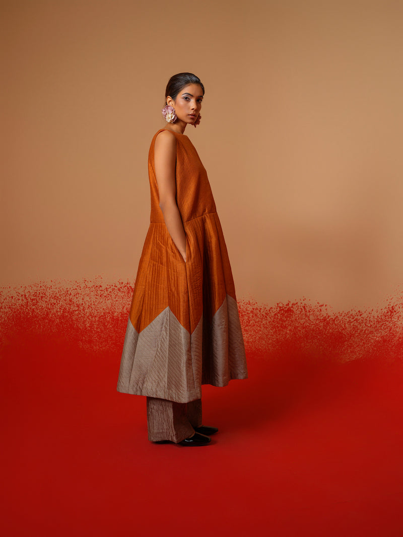 Eddy Dress-Rust Orange + Grey mysore silk dresses by Stoique in rust orange, grey for women in Singapore