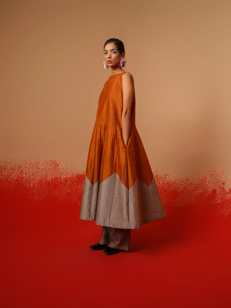 Eddy Dress-Rust Orange + Grey mysore silk dresses by Stoique in rust orange, grey for women in Singapore