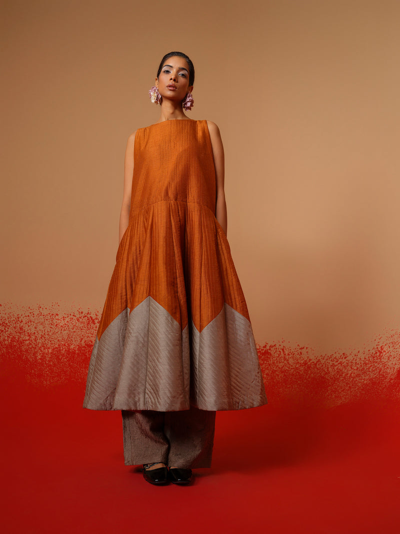 Eddy Dress-Rust Orange + Grey mysore silk dresses by Stoique in rust orange, grey for women in Singapore