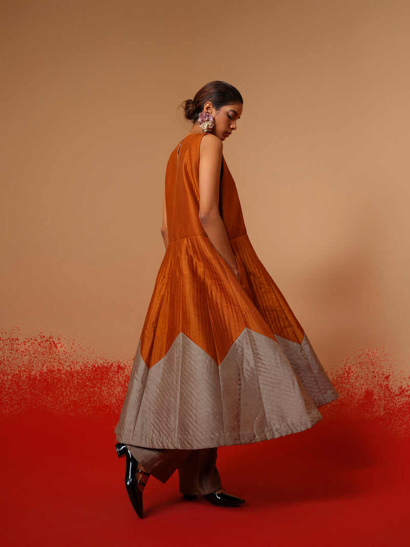 Eddy Dress-Rust Orange + Grey mysore silk dresses by Stoique in rust orange, grey for women in Singapore