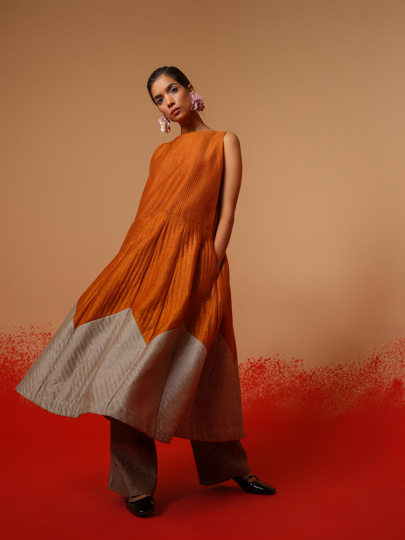Eddy Dress-Rust Orange + Grey mysore silk dresses by Stoique in rust orange, grey for women in Singapore