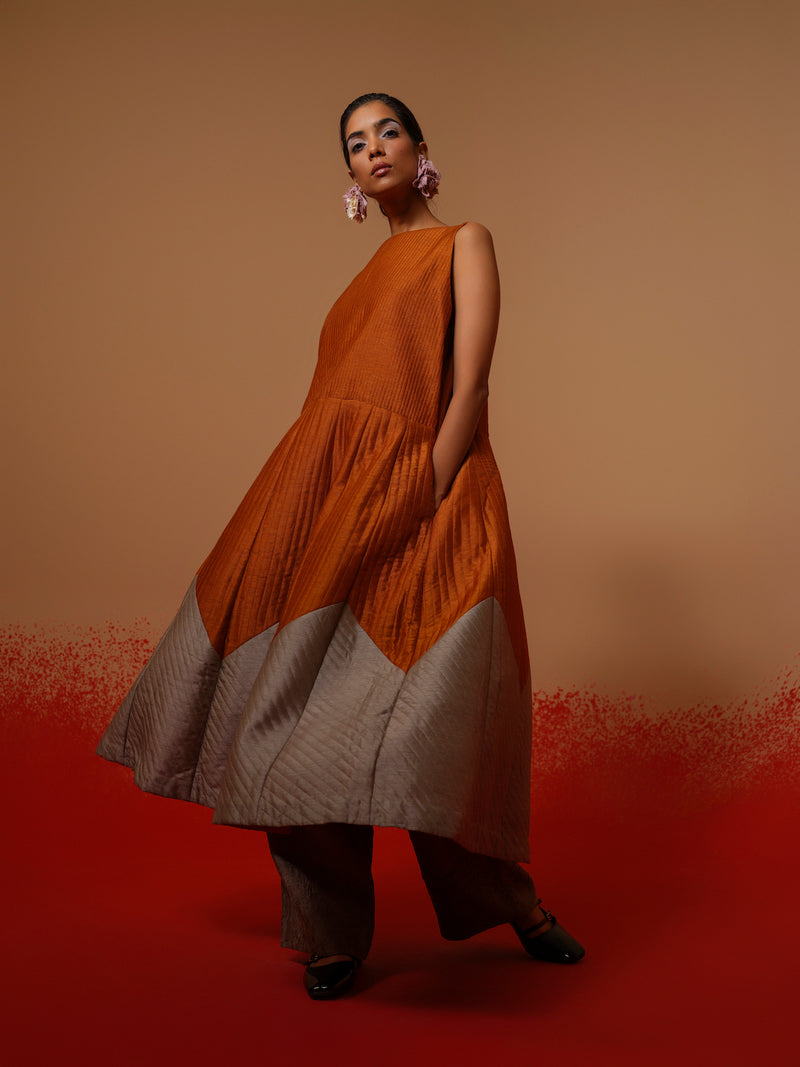 Eddy Dress-Rust Orange + Grey mysore silk dresses by Stoique in rust orange, grey for women in Singapore