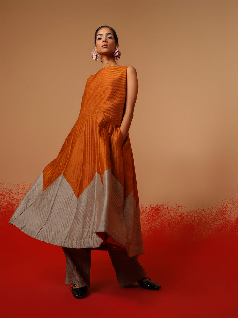 Eddy Dress-Rust Orange + Grey mysore silk dresses by Stoique in rust orange, grey for women in Singapore