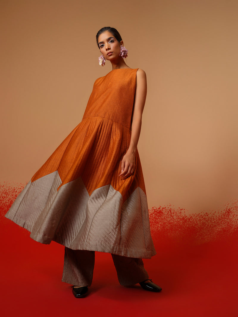 Eddy Dress-Rust Orange + Grey mysore silk dresses by Stoique in rust orange, grey for women in Singapore