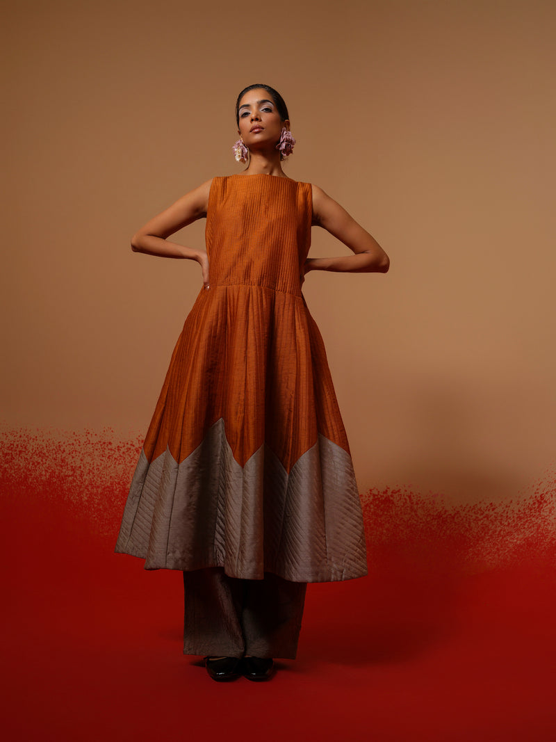 Eddy Dress-Rust Orange + Grey mysore silk dresses by Stoique in rust orange, grey for women in Singapore