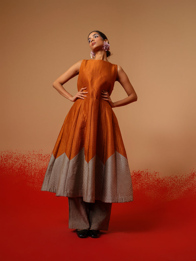 Eddy Dress-Rust Orange + Grey mysore silk dresses by Stoique in rust orange, grey for women in Singapore