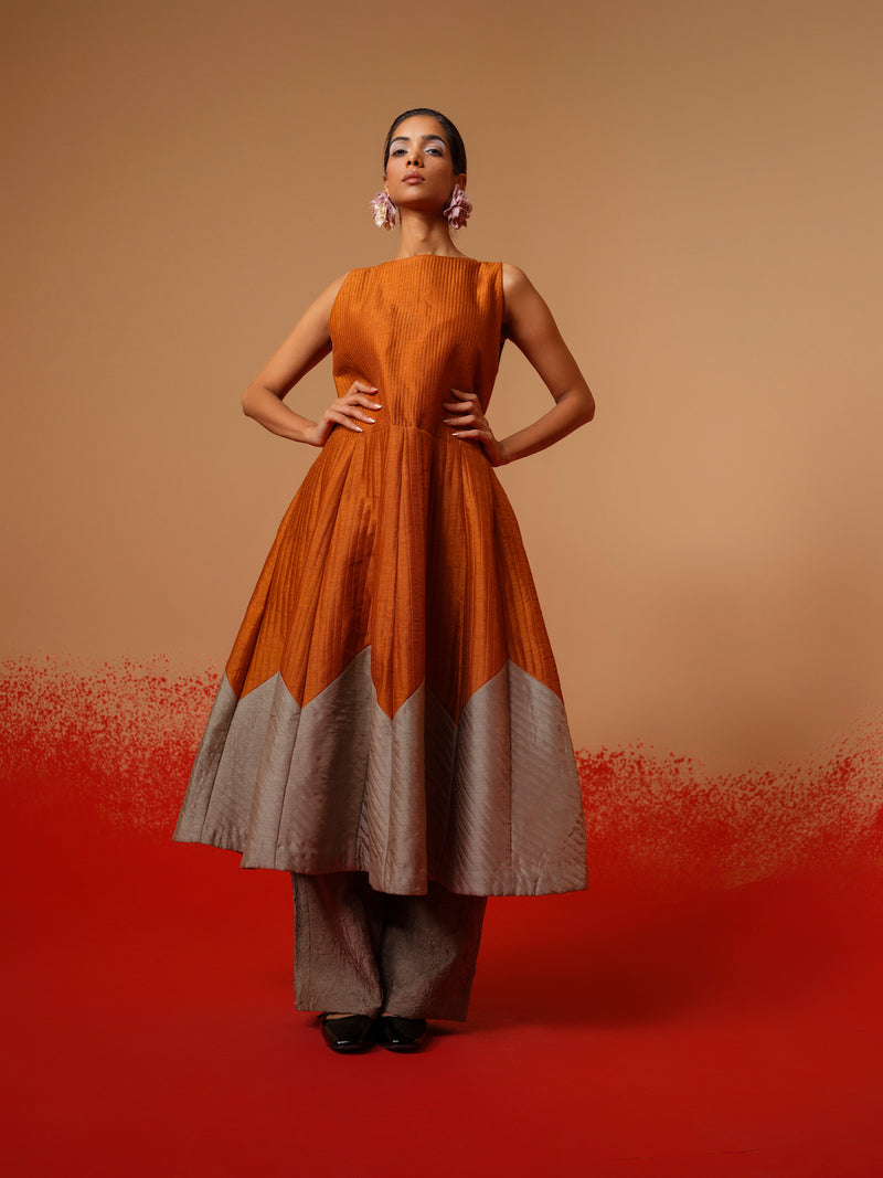 Eddy Dress-Rust Orange + Grey mysore silk dresses by Stoique in rust orange, grey for women in Singapore