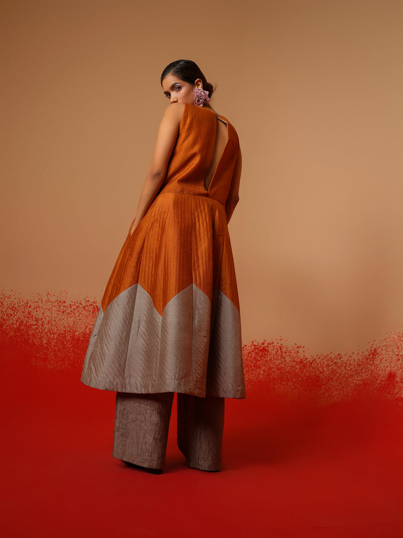 Eddy Dress-Rust Orange + Grey mysore silk dresses by Stoique in rust orange, grey for women in Singapore