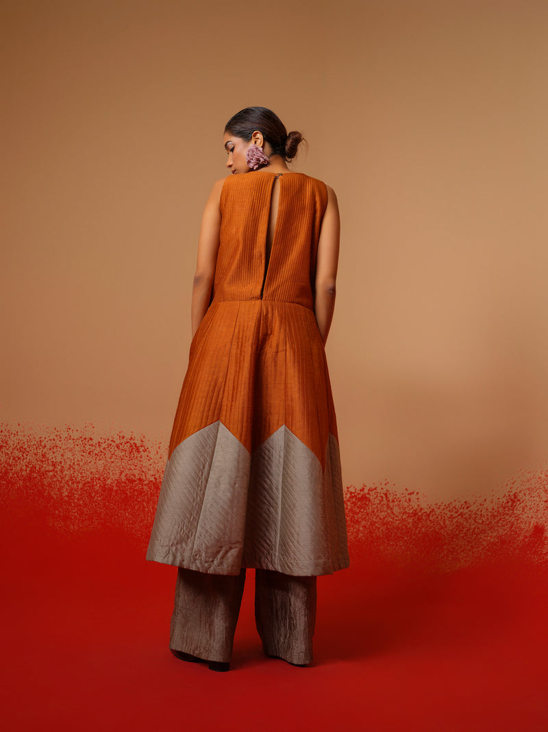 Eddy Dress-Rust Orange + Grey mysore silk dresses by Stoique in rust orange, grey for women in Singapore