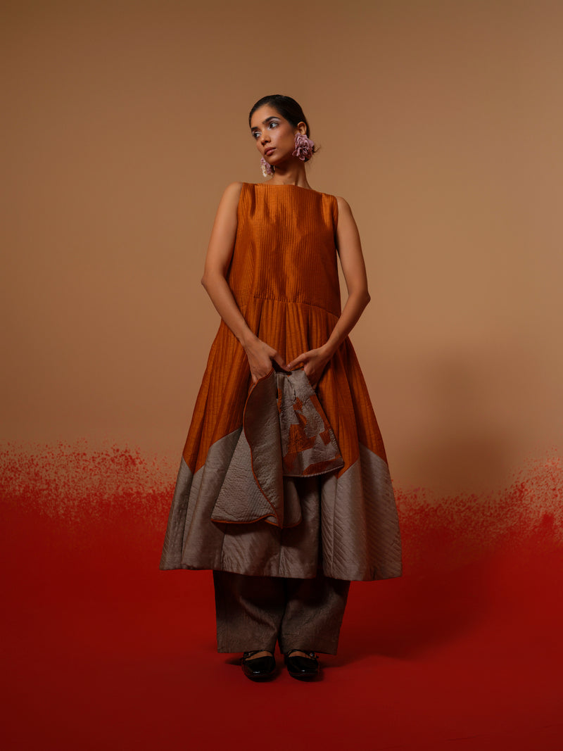 Eddy Dress-Rust Orange + Grey mysore silk dresses by Stoique in rust orange, grey for women in Singapore