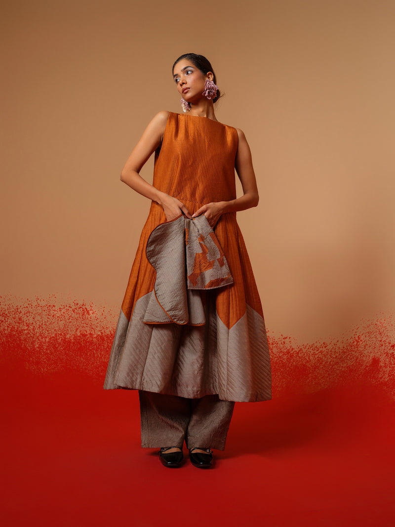 Eddy Dress-Rust Orange + Grey mysore silk dresses by Stoique in rust orange, grey for women in Singapore