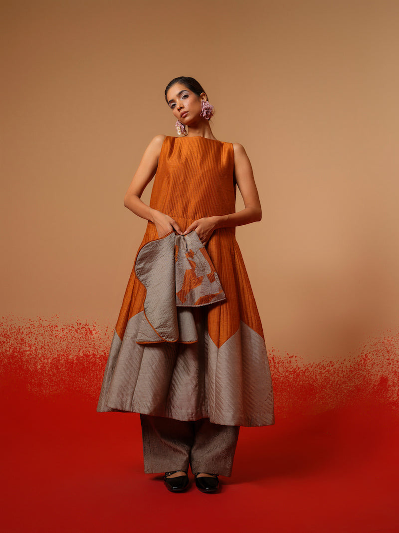 Eddy Dress-Rust Orange + Grey mysore silk dresses by Stoique in rust orange, grey for women in Singapore