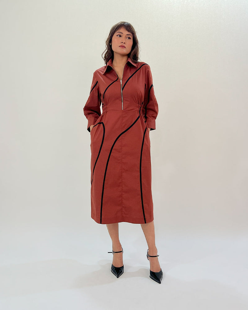 Yara tape dress-Brown & Black 100% cotton Buy Yara tape dress-Brown & Black from C&W | Dresses for Women by Leh Studios in brown color for women in Singapore