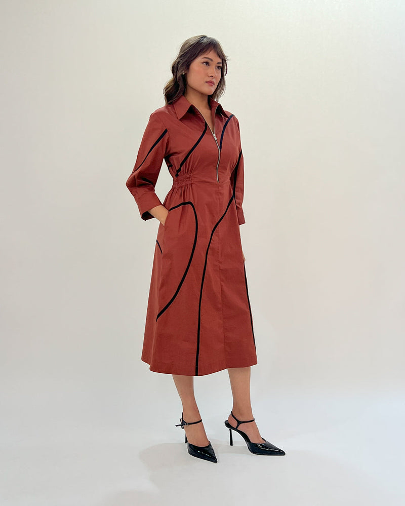 Yara tape dress-Brown & Black 100% cotton Buy Yara tape dress-Brown & Black from C&W | Dresses for Women by Leh Studios in brown color for women in Singapore