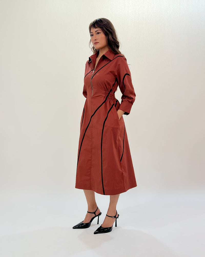 Yara tape dress-Brown & Black 100% cotton Buy Yara tape dress-Brown & Black from C&W | Dresses for Women by Leh Studios in brown color for women in Singapore
