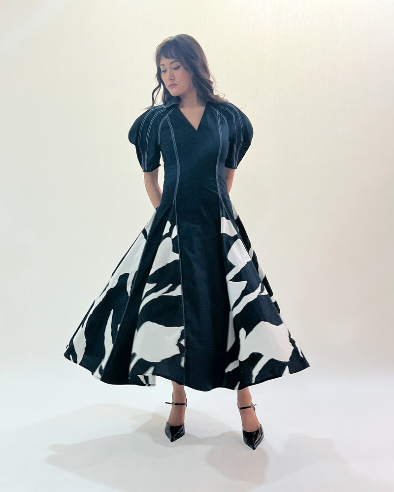 Stream Godet dress 100% cotton Buy Stream Godet dress from C&W | Dresses for Women by Leh Studios in black color for women in Singapore