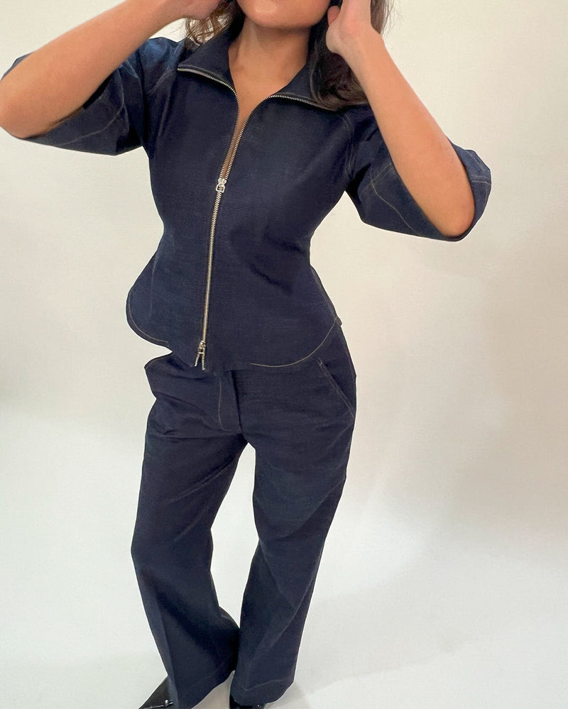 Denim Zip Top linen Buy Denim Zip Top from C&W | Tops And Shirts for Women by Leh Studios in blue color for women in Singapore
