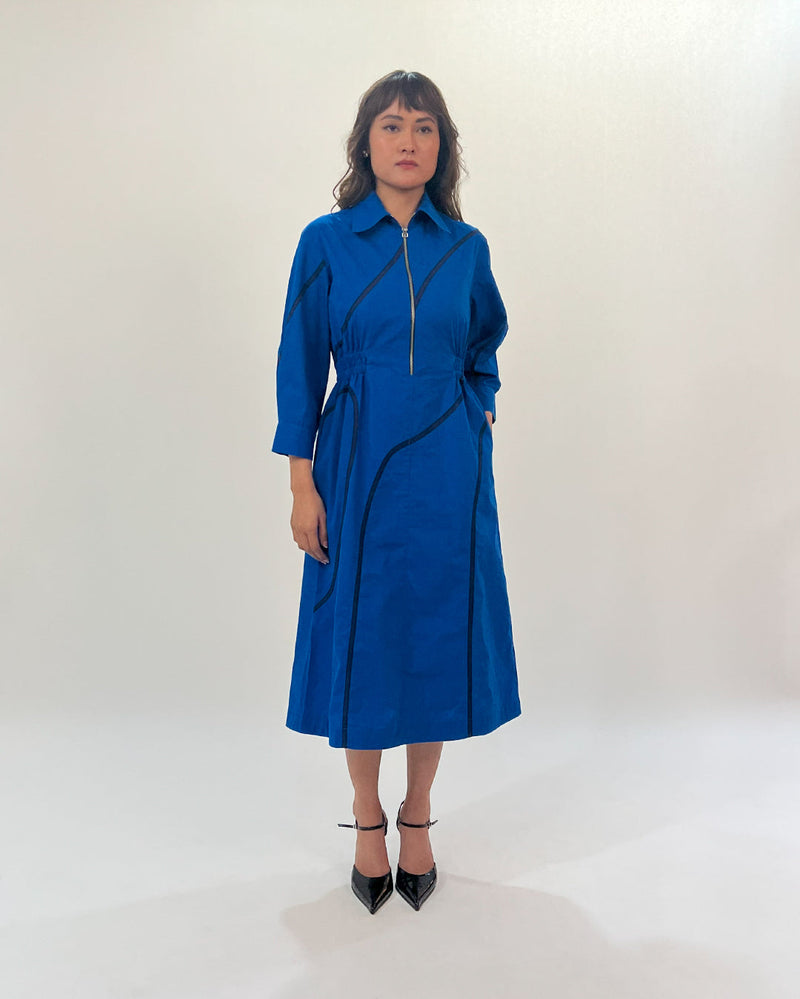 Yara tape dress-E.blue & Navy 100% cotton Buy Yara tape dress-E.blue & Navy from C&W | Dresses for Women by Leh Studios in navy color for women in Singapore
