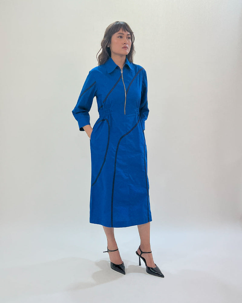 Yara tape dress-E.blue & Navy 100% cotton Buy Yara tape dress-E.blue & Navy from C&W | Dresses for Women by Leh Studios in navy color for women in Singapore